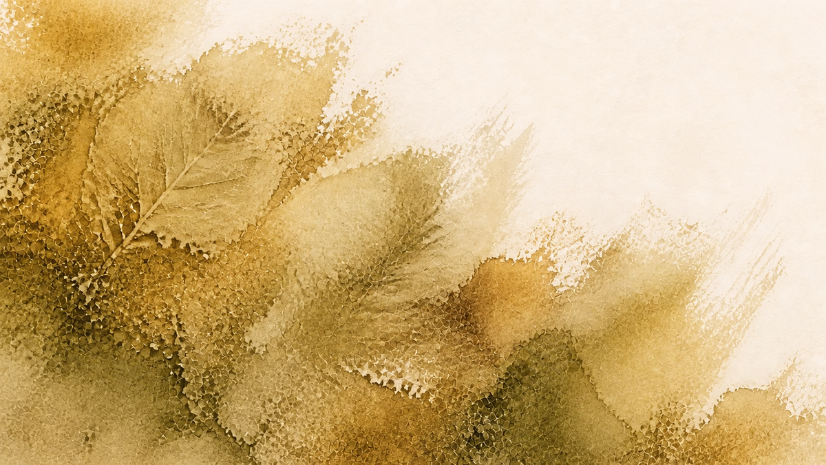 Abstract leaf motif in ochre, khaki, olive and earth tones — Gold material group