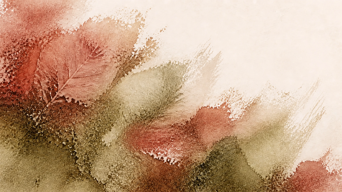 Abstract leaf motif in olive, khaki, terracotta and earth tones — Red material group