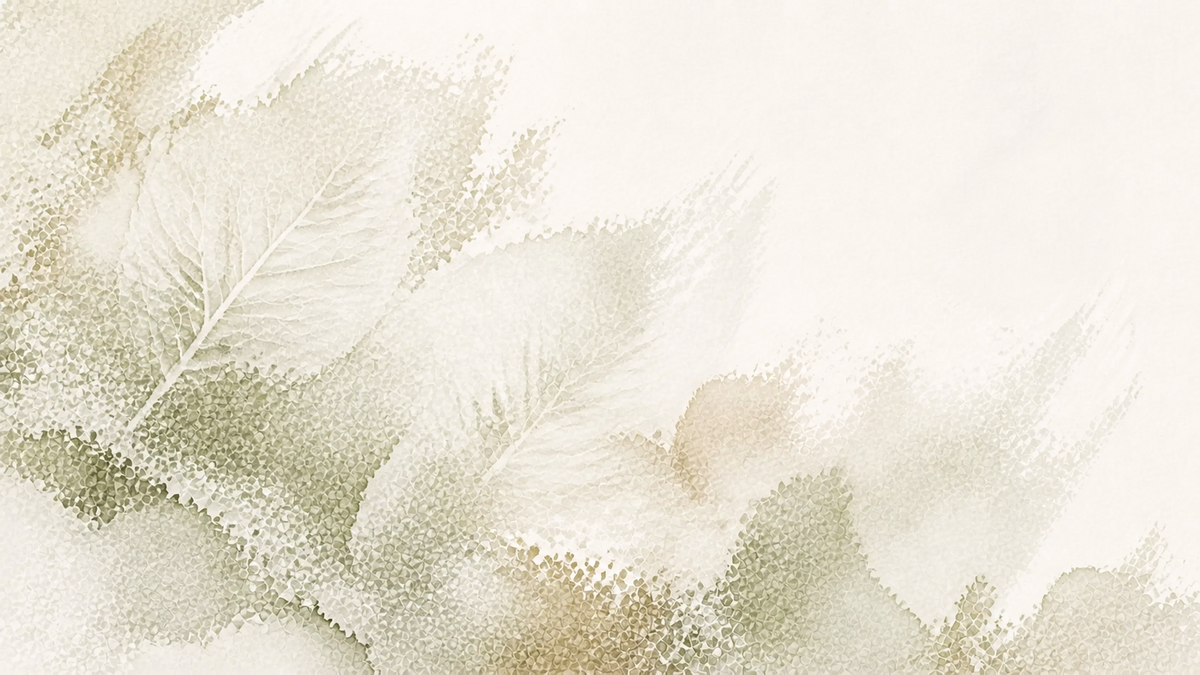Abstract leaf motif in pale sage, mineral grey-green, chalk and earth tones — White material group