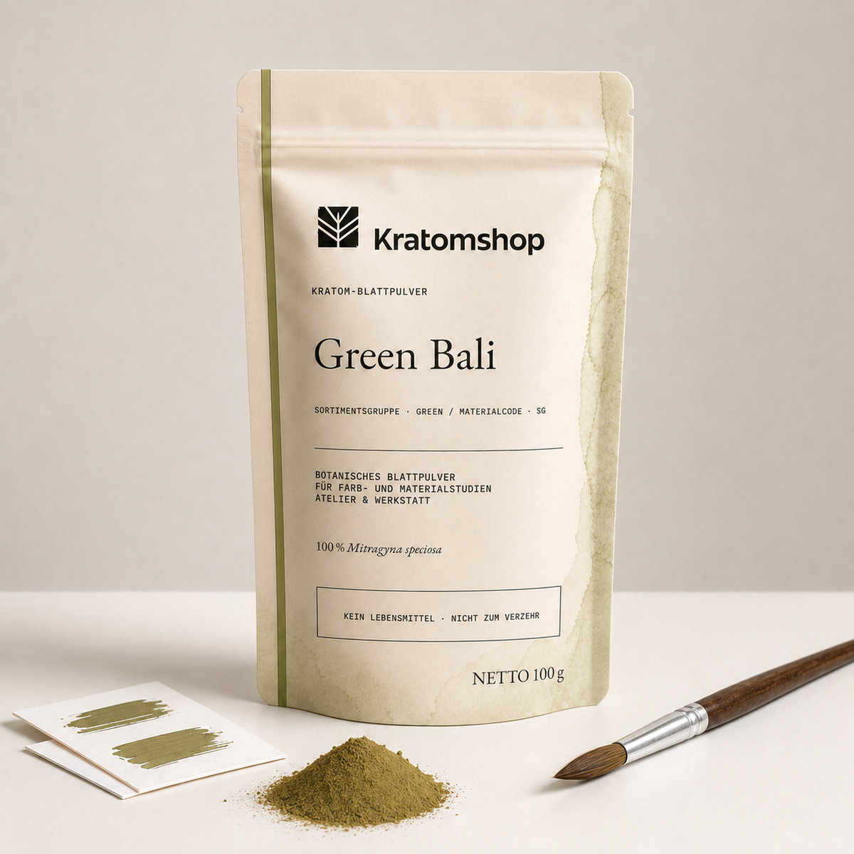 Kratom-Blattpulver · Sortimentsgruppe Green · Materialcode SG · Blattarchiv 01 · Green Bali