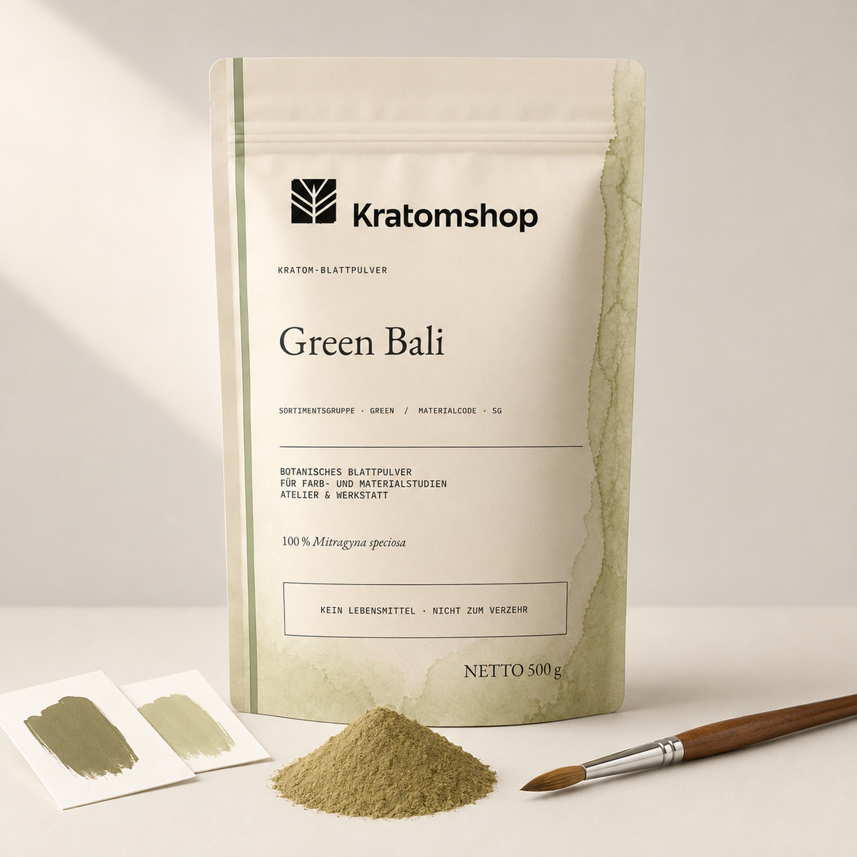 Kratom-Blattpulver · Sortimentsgruppe Green · Materialcode SG · Blattarchiv 01 · Green Bali