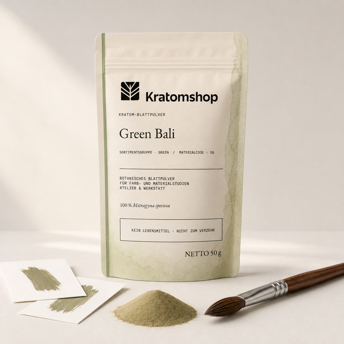 Kratom-Blattpulver · Sortimentsgruppe Green · Materialcode SG · Blattarchiv 01 · Green Bali