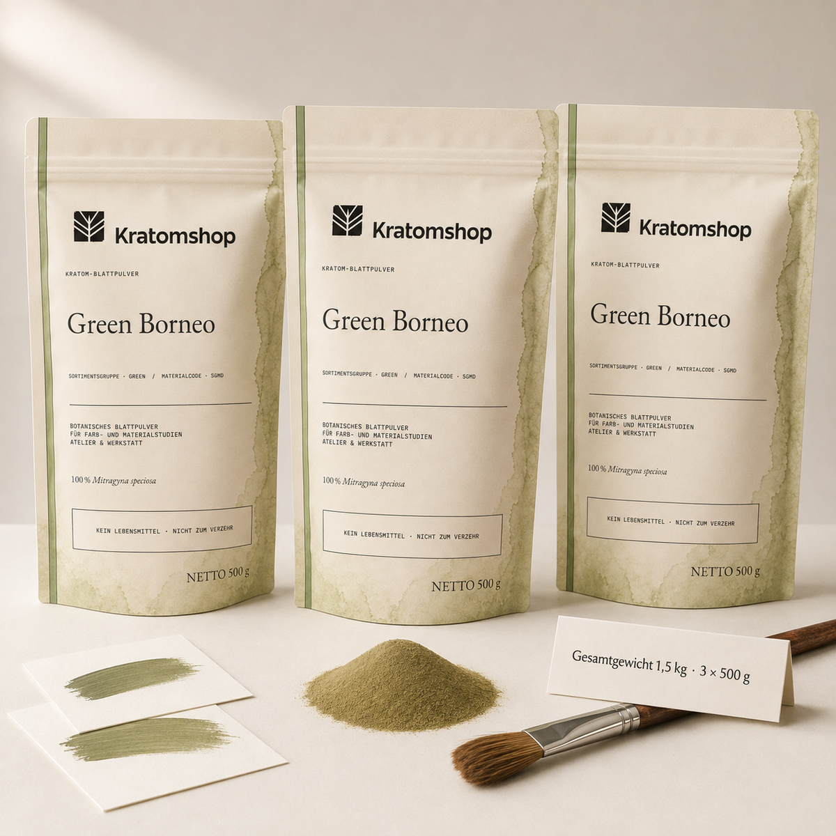 Kratom-Blattpulver · Sortimentsgruppe Green · Materialcode SGMD · Blattarchiv 02 · Green Borneo