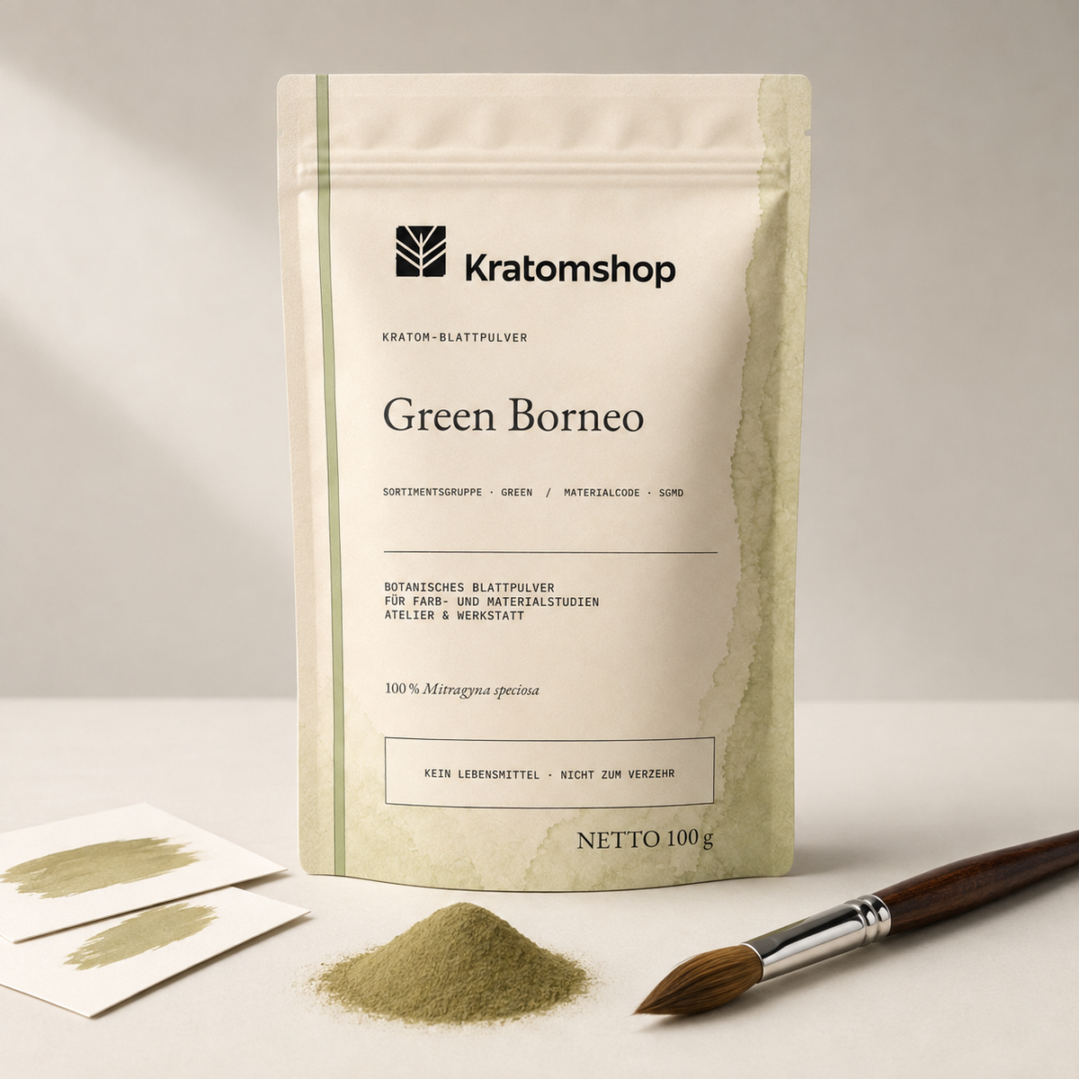 Kratom-Blattpulver · Sortimentsgruppe Green · Materialcode SGMD · Blattarchiv 02 · Green Borneo
