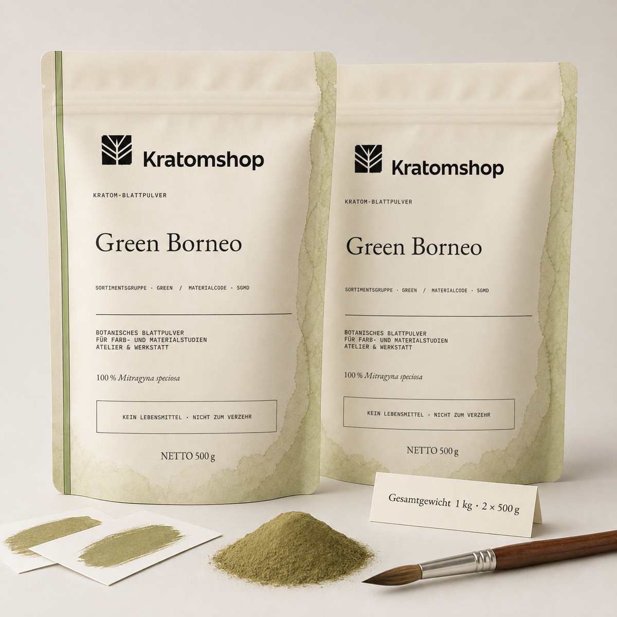 Kratom-Blattpulver · Sortimentsgruppe Green · Materialcode SGMD · Blattarchiv 02 · Green Borneo