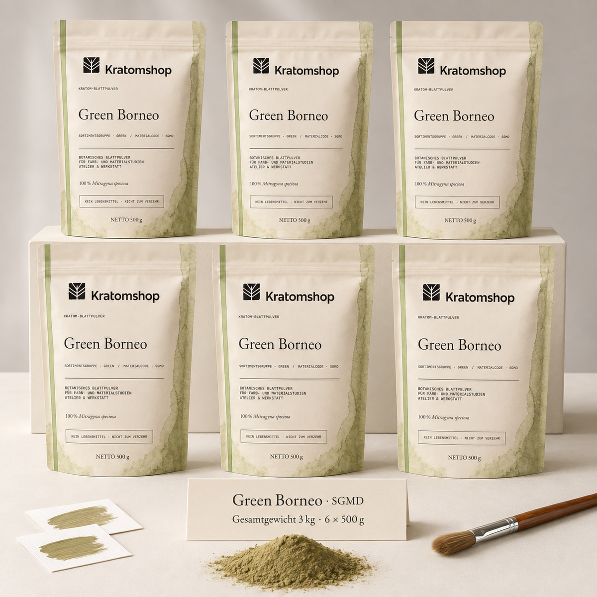 Kratom-Blattpulver · Sortimentsgruppe Green · Materialcode SGMD · Blattarchiv 02 · Green Borneo