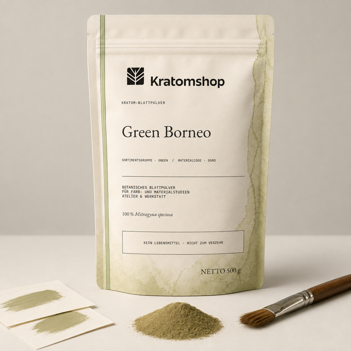 Kratom-Blattpulver · Sortimentsgruppe Green · Materialcode SGMD · Blattarchiv 02 · Green Borneo