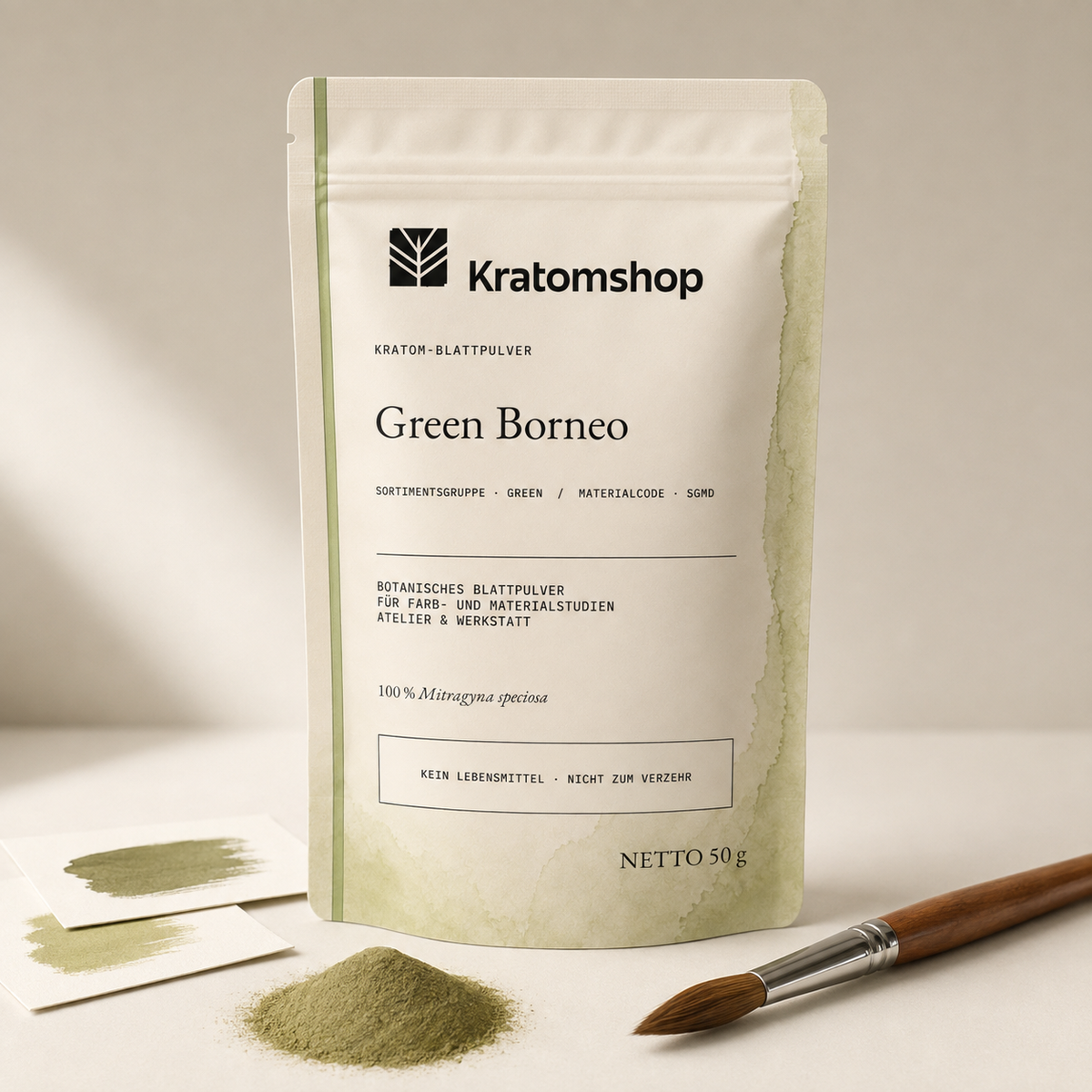 Kratom-Blattpulver · Sortimentsgruppe Green · Materialcode SGMD · Blattarchiv 02 · Green Borneo