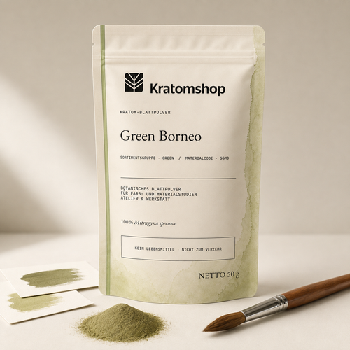 Kratom-Blattpulver · Sortimentsgruppe Green · Materialcode SGMD · Blattarchiv 02 · Green Borneo
