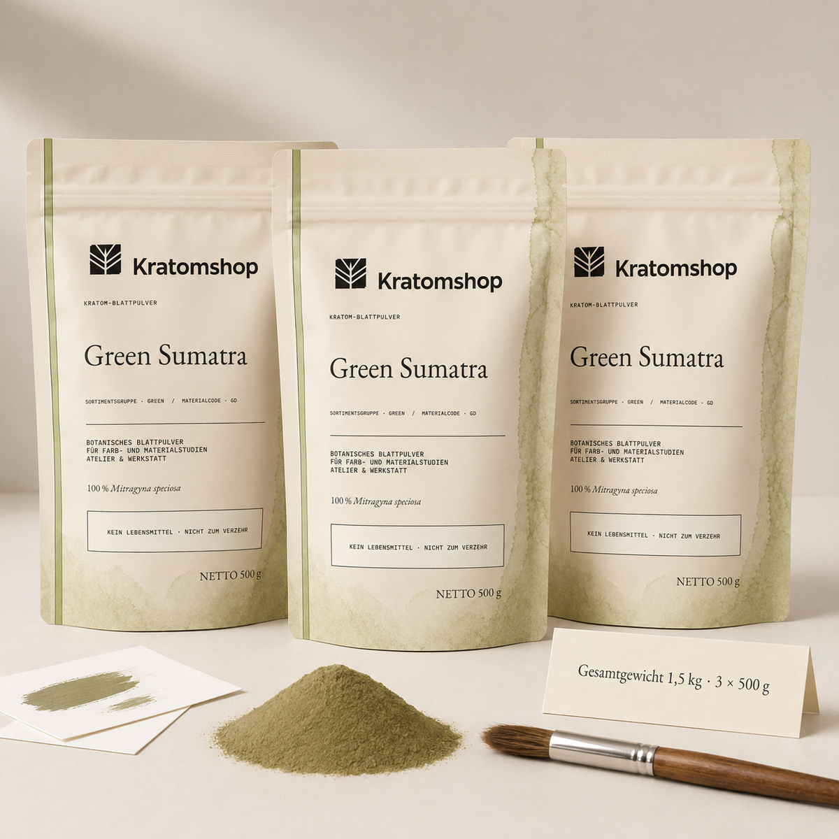 Kratom-Blattpulver · Sortimentsgruppe Green · Materialcode GD · Blattarchiv 03 · Green Sumatra