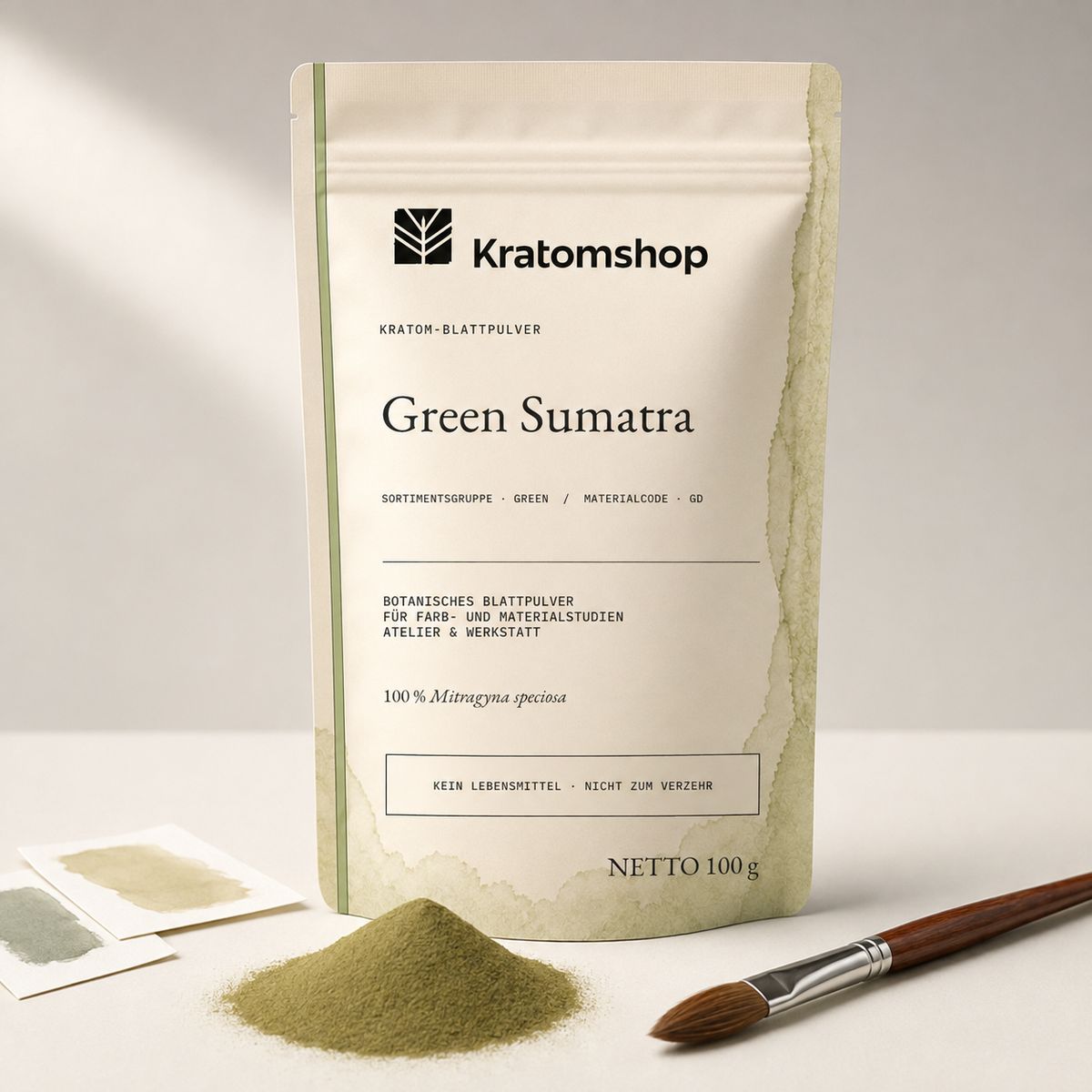 Kratom-Blattpulver · Sortimentsgruppe Green · Materialcode GD · Blattarchiv 03 · Green Sumatra