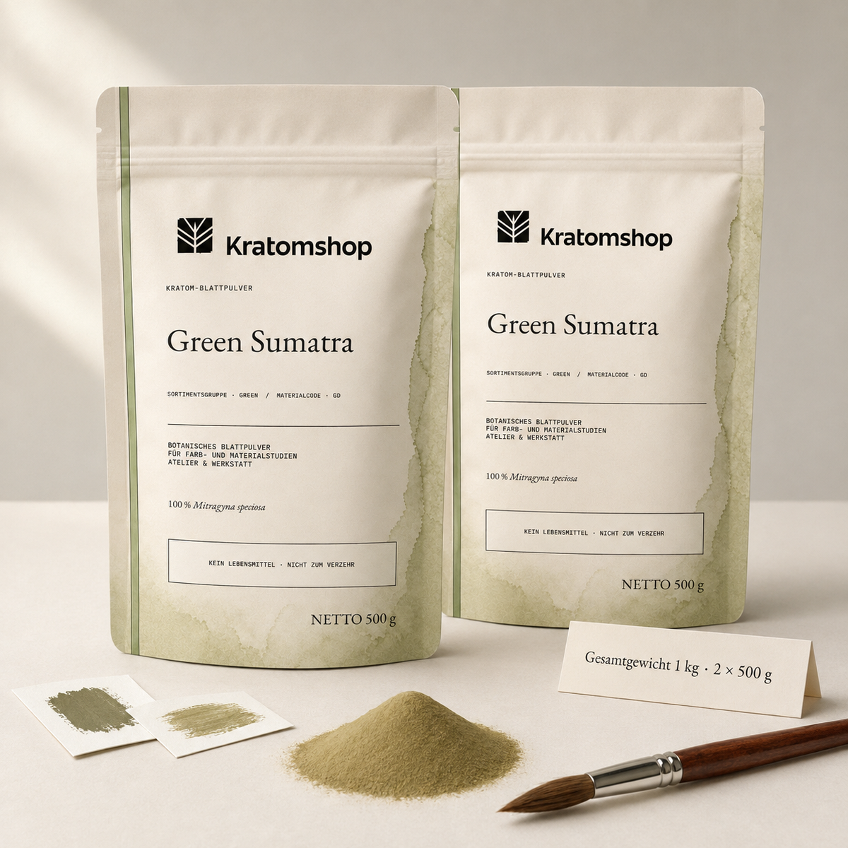 Kratom-Blattpulver · Sortimentsgruppe Green · Materialcode GD · Blattarchiv 03 · Green Sumatra
