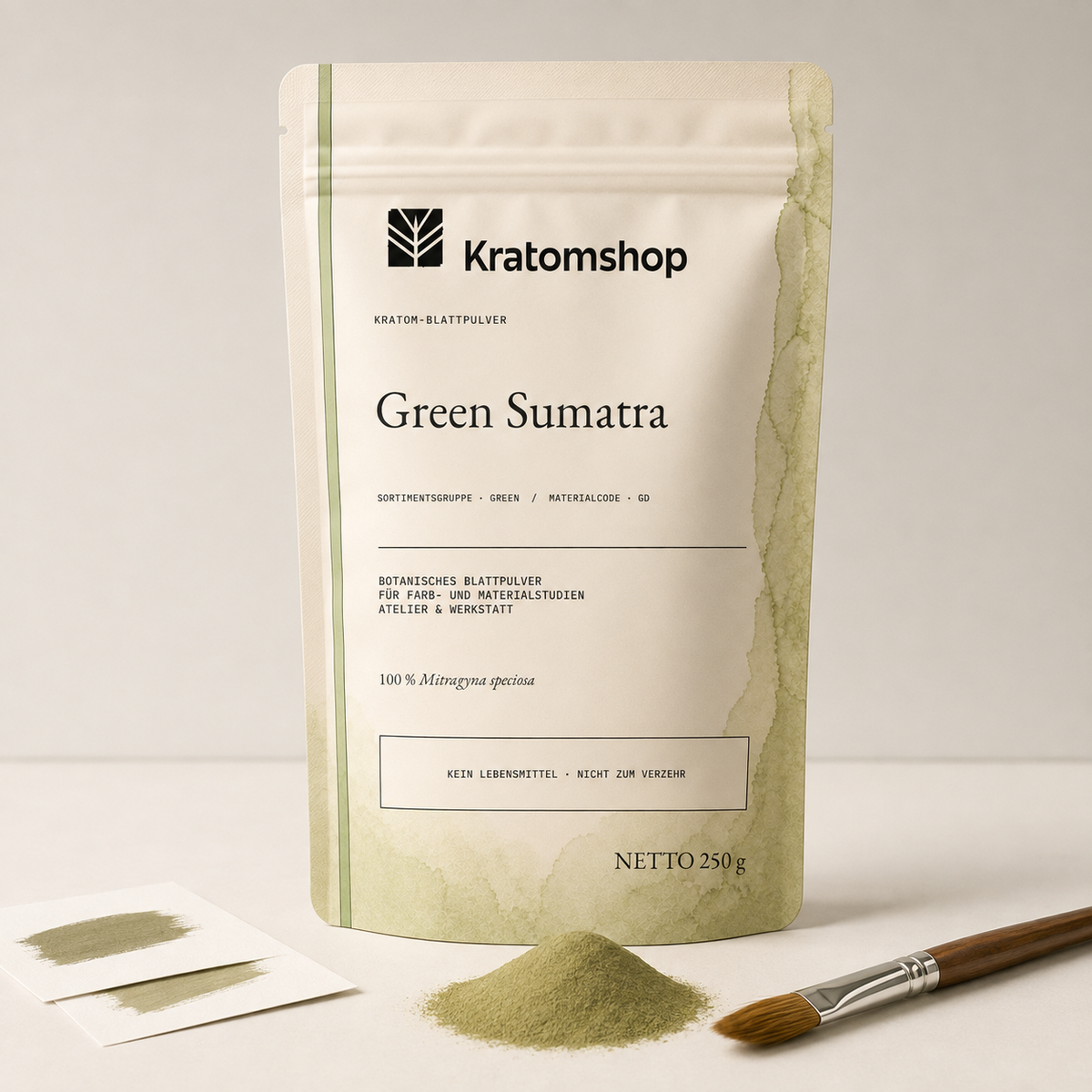 Kratom-Blattpulver · Sortimentsgruppe Green · Materialcode GD · Blattarchiv 03 · Green Sumatra