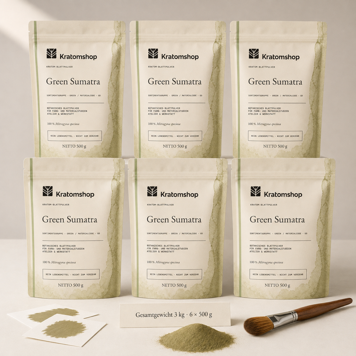 Kratom-Blattpulver · Sortimentsgruppe Green · Materialcode GD · Blattarchiv 03 · Green Sumatra