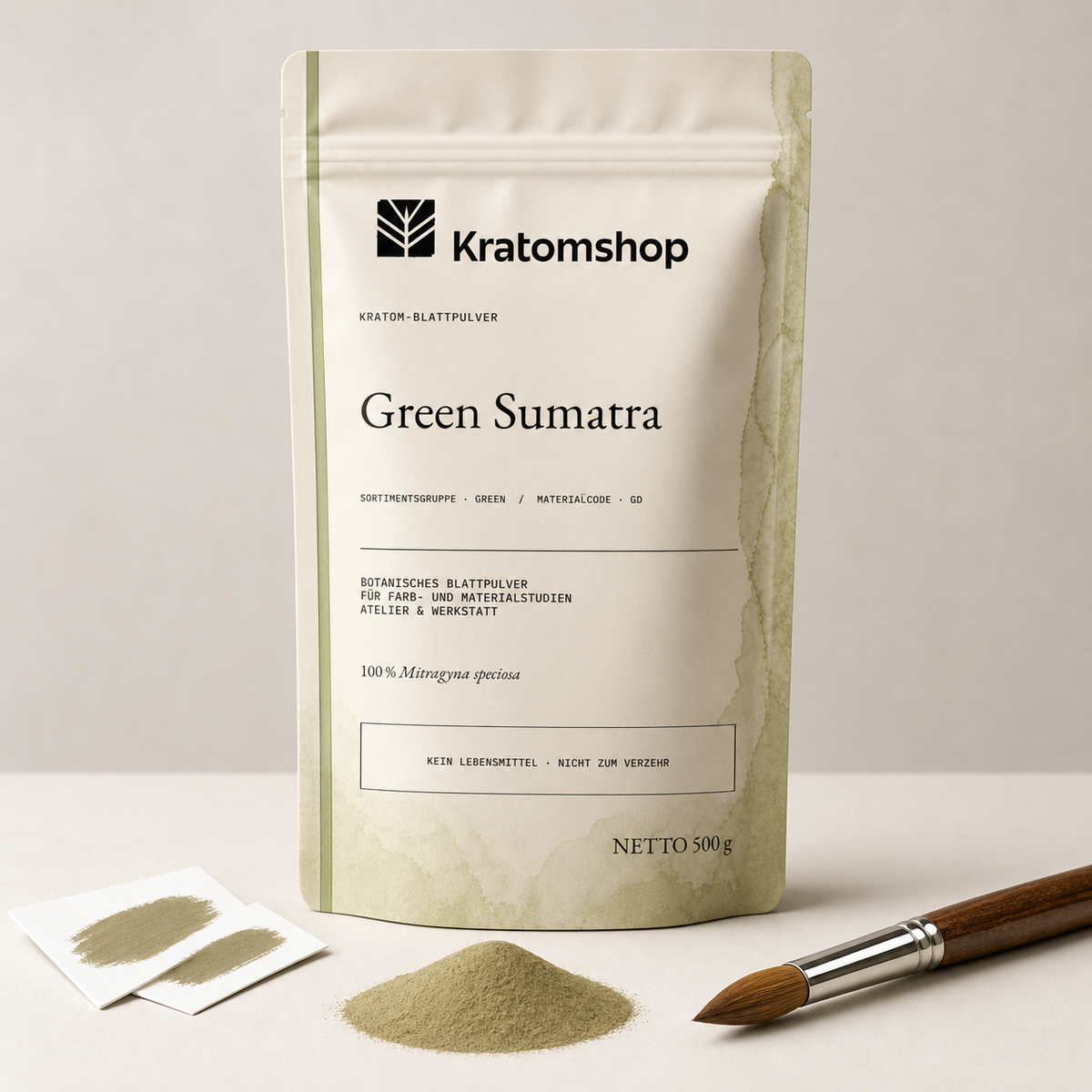 Kratom-Blattpulver · Sortimentsgruppe Green · Materialcode GD · Blattarchiv 03 · Green Sumatra