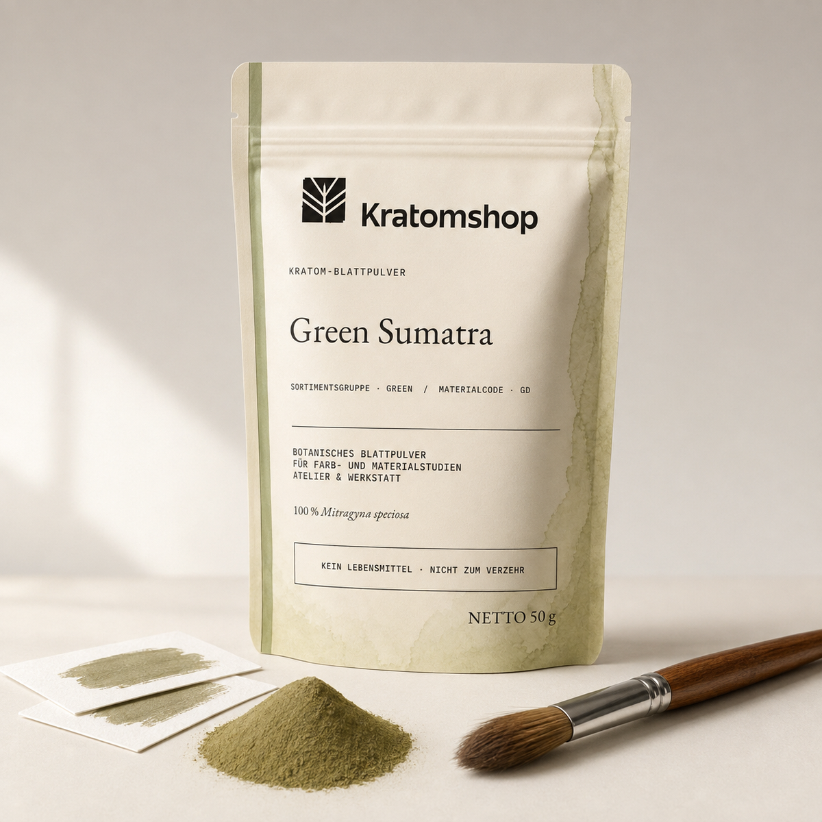 Kratom-Blattpulver · Sortimentsgruppe Green · Materialcode GD · Blattarchiv 03 · Green Sumatra