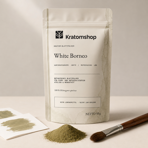 Kratom-Blattpulver · Sortimentsgruppe White · Materialcode WMD · Blattarchiv 08 · White Borneo
