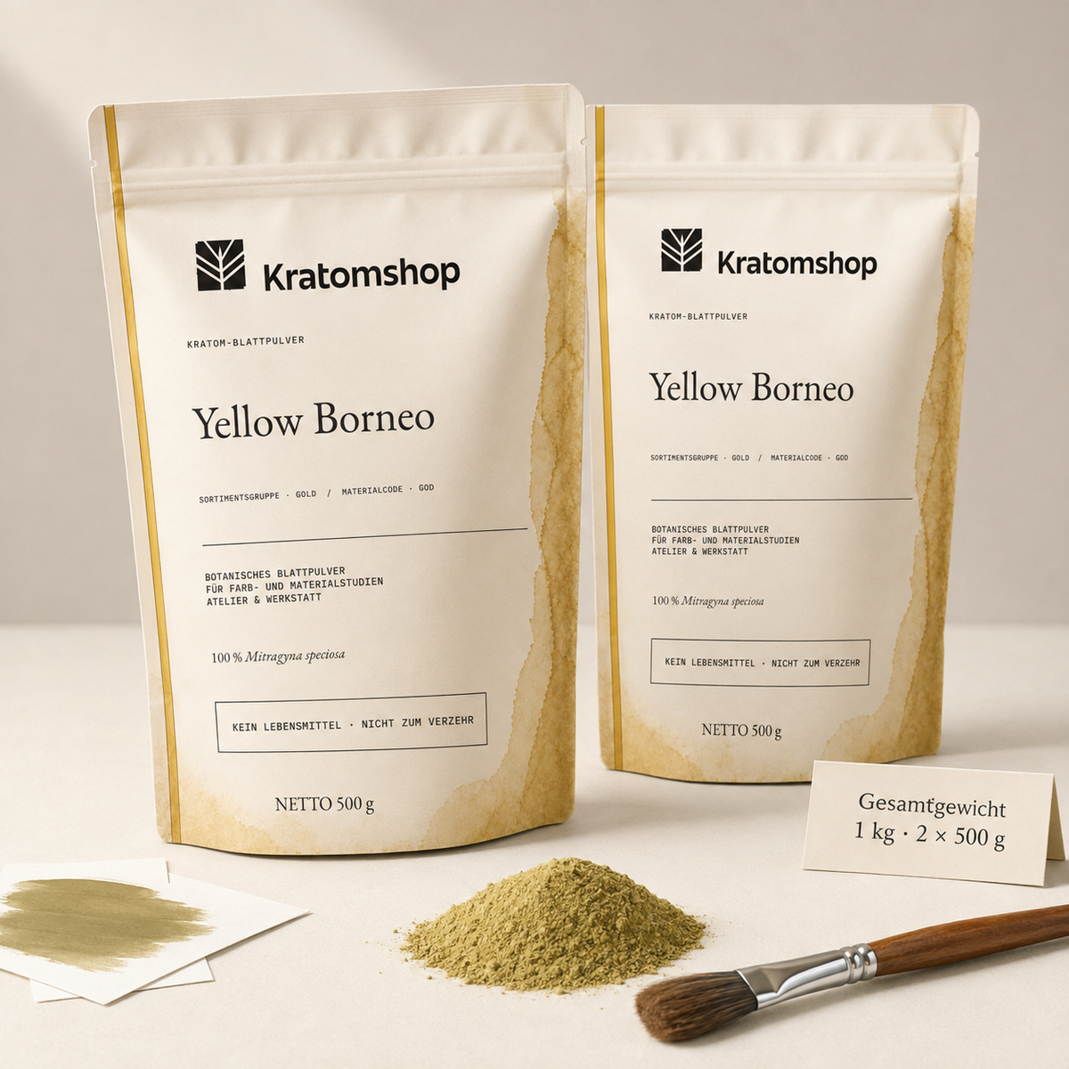 Kratom leaf powder · Material group Gold · Material code GOD · Leaf Archive 12 · Yellow Borneo