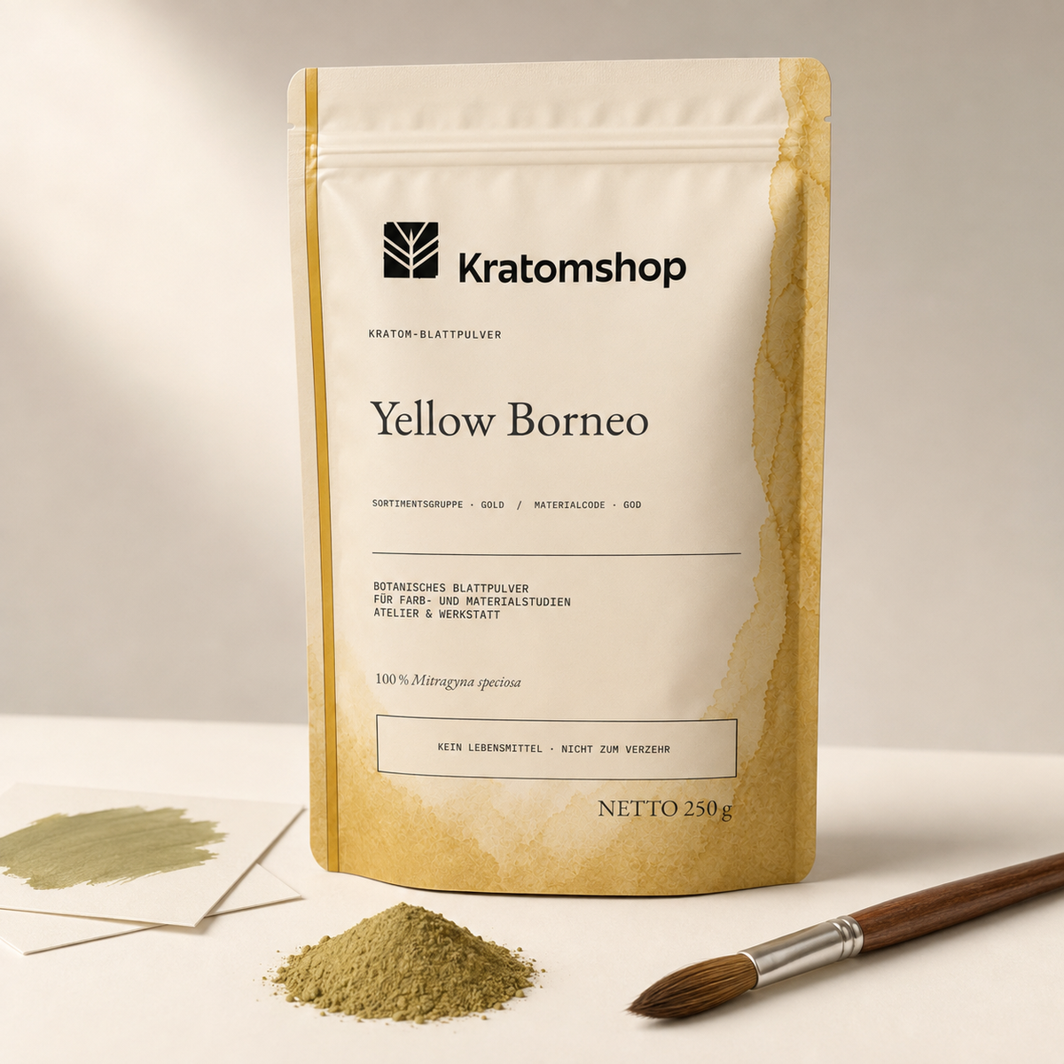 Kratom leaf powder · Material group Gold · Material code GOD · Leaf Archive 12 · Yellow Borneo