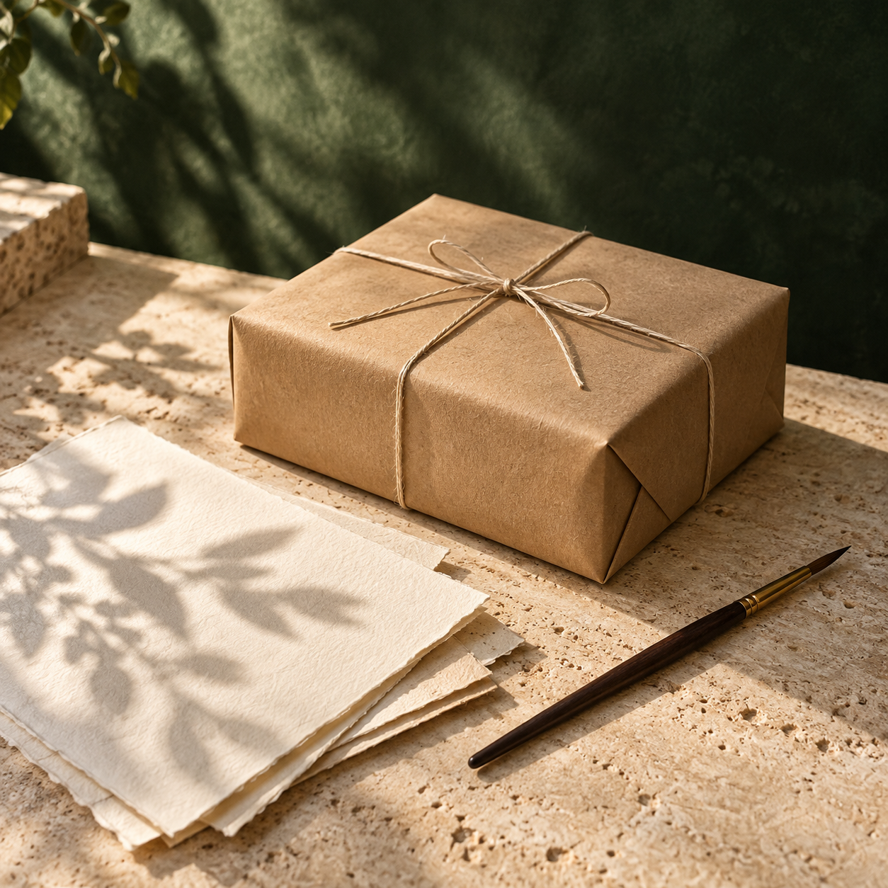 Ein Paket, Künstlerpapier und ein Pinsel auf hellem Naturstein