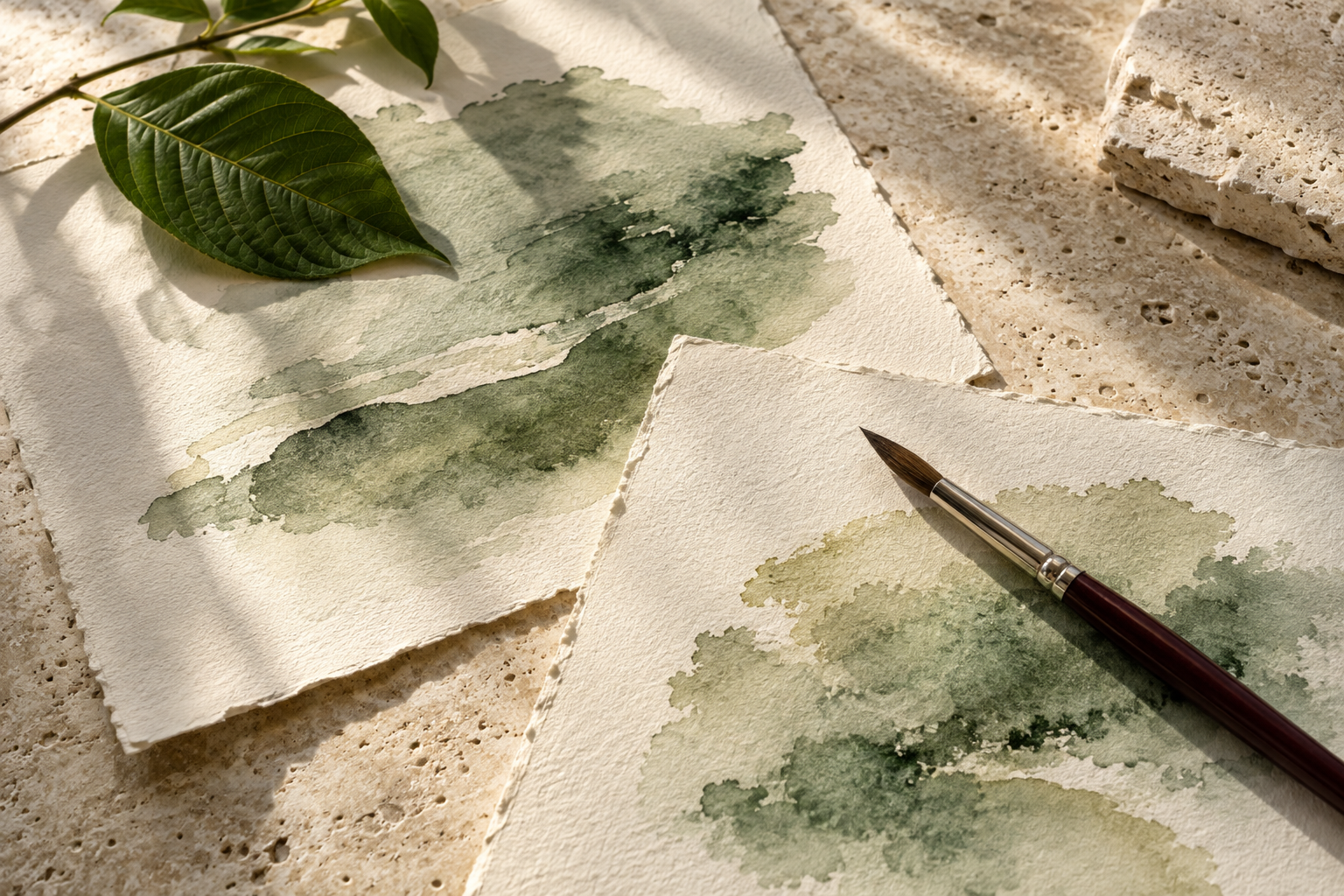 Aquarellpapiere mit salbeigrünen Farbflächen und Künstlerpinsel auf hellem Naturstein